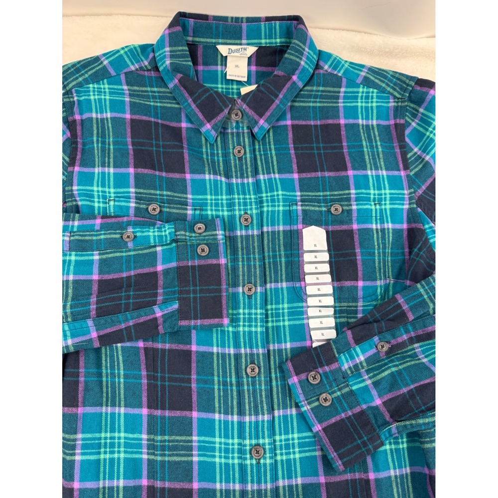 New Duluth Trading Co Flannel Shirt XL Teal Purple Free Swingin Plaid Cotton
